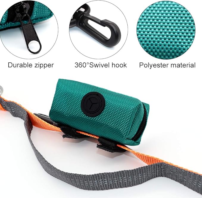 SLSON Pet Waste Bag Dispenser Zippered Pouch,Portable Dog Poop Bag Holder Leash Attachment Lightweight Fabric Bags (Green)