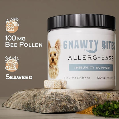 Gnawty Bites Allerg-Ease - Immunity Support Probiotics for Dogs with Kelp, Colostrum, & Bee Pollen - Dog Allergy Relief for Small to Large Breeds - 120 Soft Dog Allergy Chews (264 G)
