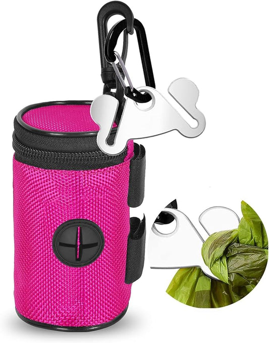 Dog Poop Bag Holder for Leash Attachment - Waste Bag Dispenser for Leash - Fits Any Dog Leash - Portable Set with Hand Free Holder Metal Carrier, Round Shape, Pink