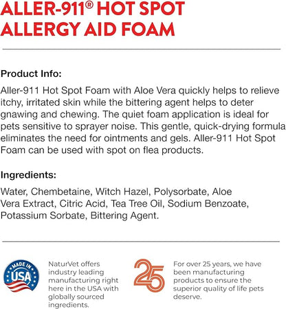 NaturVet Aller-911 Hot Spot Allergy Aid Foam Pet Supplement Plus Aloe Vera – Helps to Relieve Irritated, Itchy Skin for Cats, Dogs – Helps Deter Gnawing, Chewing – Quick Drying – 8 Oz.