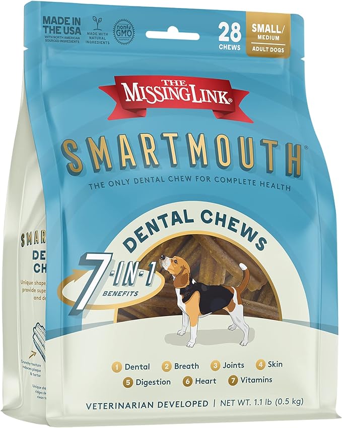 The Missing Link Smartmouth Vet Developed Dental Chew Treats, 7-in-1 Benefits: Healthy Teeth & Gums, Breath, Skin, Joints, Digestion, Heart, Immune System – Small/Medium 15-50lb Dogs, 28 Ct