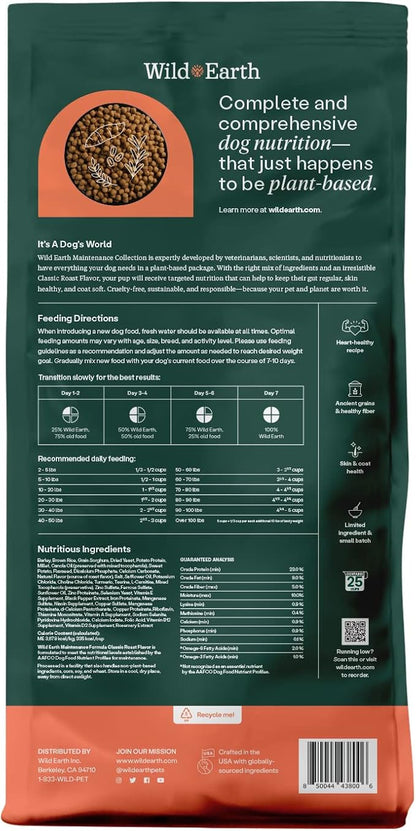 Wild Earth Vegan Dry Dog Food | Plant-Based Maintenance Formula | Vegetarian, Allergy Relief, Veterinarian-Developed for Complete Nutrition | Classic Roast Flavor, 5 Pound Bag