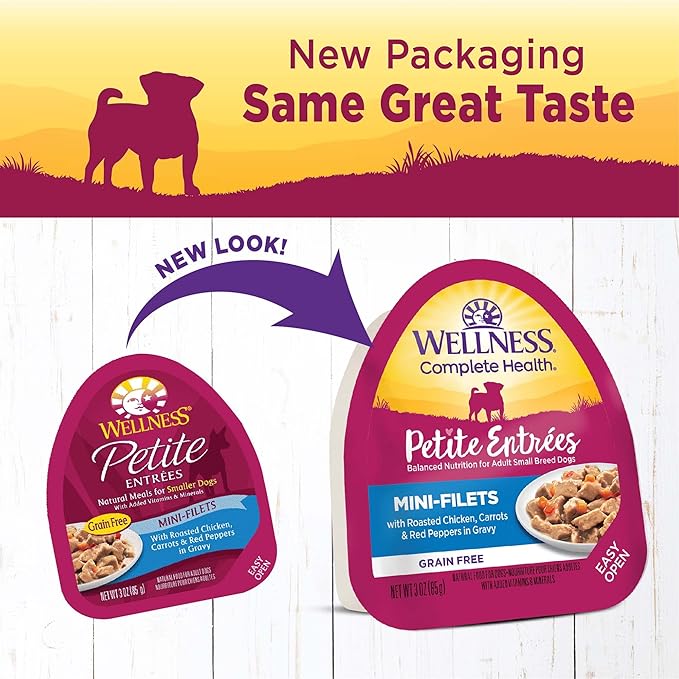 Wellness Natural Pet Food Petite Entrees Mini Fillets Grain Free Natural Wet Small Breed Dog Food, Roasted Chicken, Carrots & Red Peppers, 3-Ounce Cup (Pack of 24)