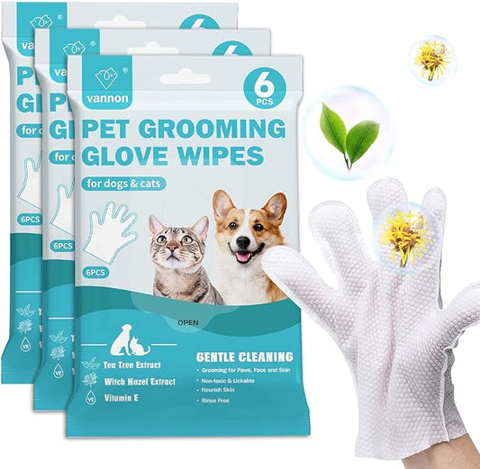 Pet Bathing Wipes for Dogs & Cats, Cleaning & Deodorizing Grooming Gloves, Nourish Fur Glove Wipes for Daily Care and Traveling, Rinse Free，3 Pack, 18 PCS