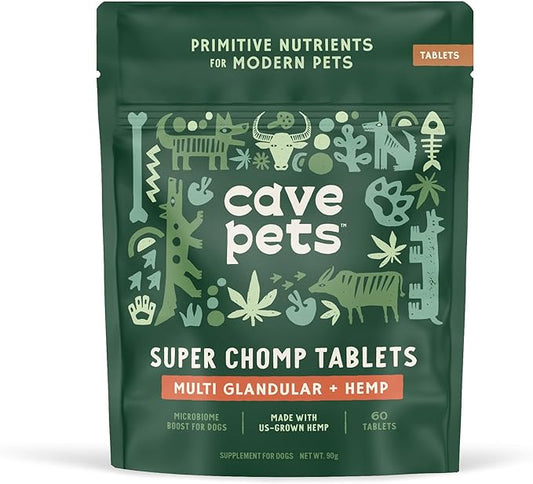 Super Chomp Tablets, Dog Probiotic Supplement for Digestive Health and Natural Relaxation, Multi-Glandular & Hemp