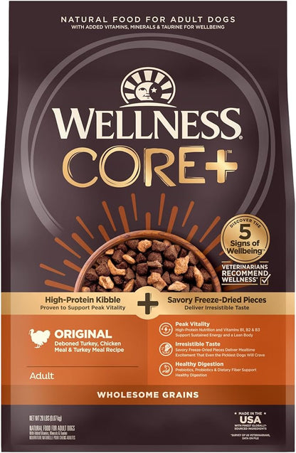 Wellness CORE+ Grained Dry Dog Food, Original Turkey & Chicken with Freeze Dried Turkey Recipe, 20 Pound Bag