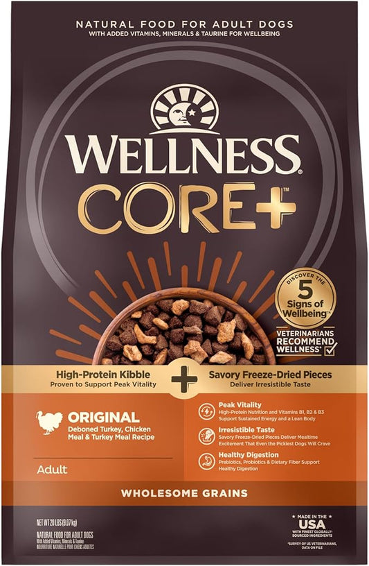 Wellness CORE+ Grained Dry Dog Food, Original Turkey & Chicken with Freeze Dried Turkey Recipe, 20 Pound Bag