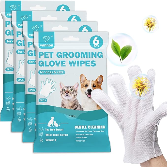 Pet Bathing Wipes for Dogs & Cats, Cleaning & Deodorizing Grooming Gloves, Nourish Fur Glove Wipes for Daily Care and Traveling, Rinse Free，4 Pack, 24 PCS