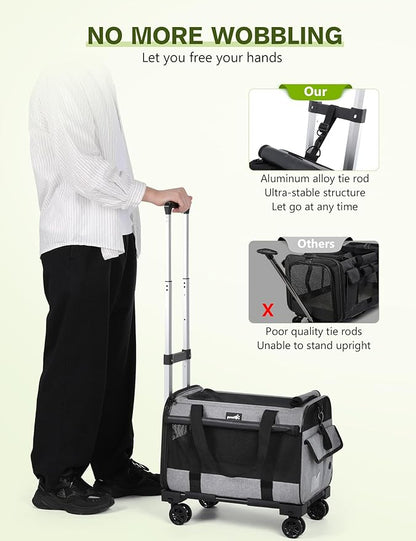 Pecute Cat Carrier Dog Carrier with Wheels Airline Approved, Pet Travel Carrier with Sunshade, Aluminum Alloy Tie Rod Silent Wheel, Pet Carrier Foldable for Cats Puppies(18" L x 12" W x 13" H)