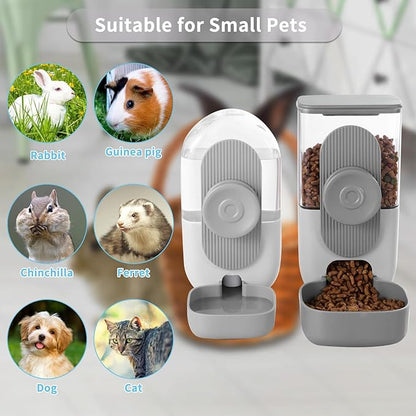 Hanging Automatic Rabbit Feeder for Cage,Dog Cat Food and Water Dispenser,Ferret Food Dispenser,Rabbit Water Bottle Guinea Pig Food Bowl Set,Gravity Feeder for Cats Dogs (Gray)