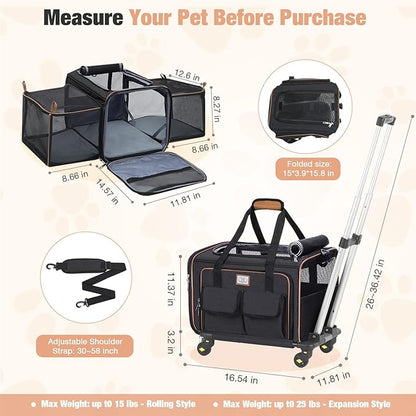 Lekereise Airline Approved Cat Dog Carrier with Wheels Expandable Rolling Pet Carrier for Medium Dogs and Cats Under 15 25LBS, Pet Travel Carrier on Wheels, Black