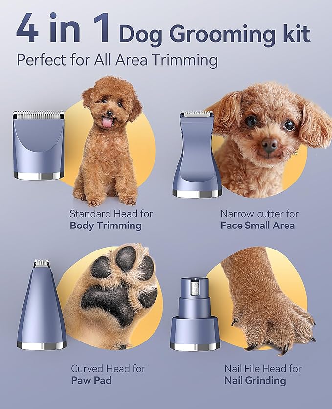 oneisall Small Dog Clippers Grooming Kit, 4 in 1 Quiet Cordless Dog Paw Trimmer & Nail Grinders,IPX7 Waterproof Dog Trimmers for Small Dogs