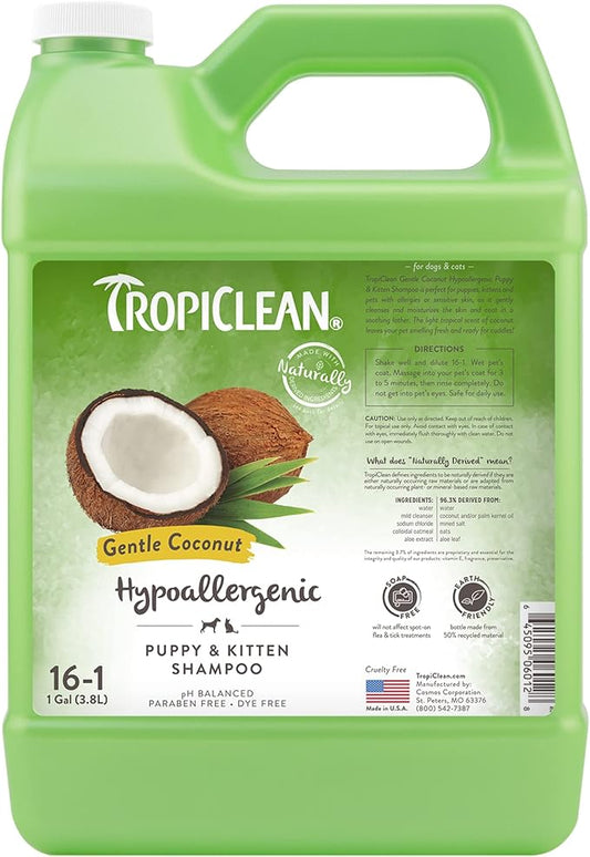 TropiClean Coconut Hypoallergenic Dog Shampoo | Gentle Puppy Shampoo for Sensitive Skin | Natural Pet Shampoo Derived from Natural Ingredients | Kitten Friendly | Made in the USA | 1 gal.