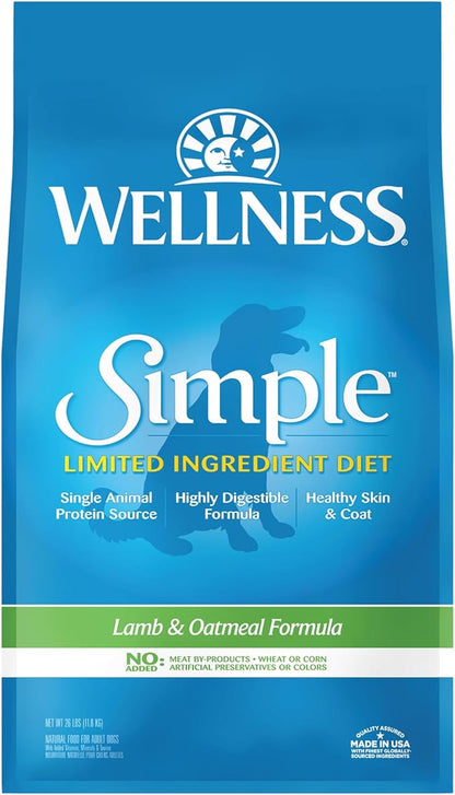 Wellness Simple Natural Limited-Ingredient Grain-Free Dry Dog Food, Easy to Digest for Sensitive Stomachs, Supports Skin & Coat (Lamb and Oatmeal, 26-Pound Bag)