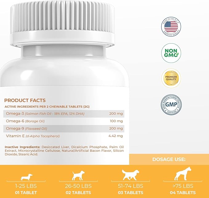 Omega 3 for Dogs - Fish Oil for Dogs Skin and Coat - 120 Chewable Tablets - Omega 3 6 9, EPA & DHA Fatty Acids for Dog Shedding, Dry Skin & Heart Support