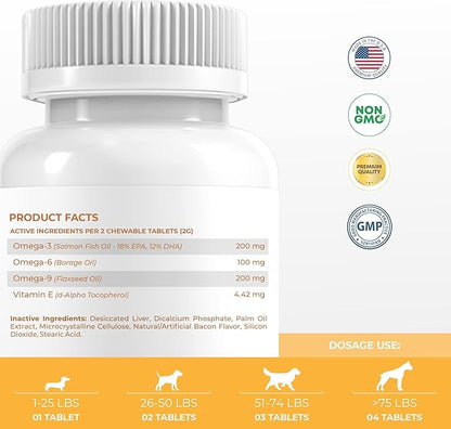 Omega 3 for Dogs - Fish Oil for Dogs Skin and Coat - 120 Chewable Tablets - Omega 3 6 9, EPA & DHA Fatty Acids for Dog Shedding, Dry Skin & Heart Support
