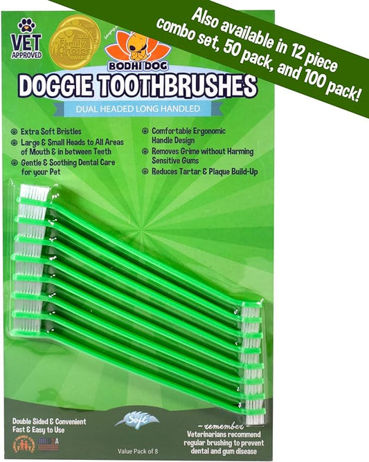 Bodhi Dog Dual-Headed Long Dog Toothbrush | Cat & Dog Toothbrush with Soft Bristles for Pet Dental Care | Easy Teeth Cleaning Pet Toothbrush, 8 Count