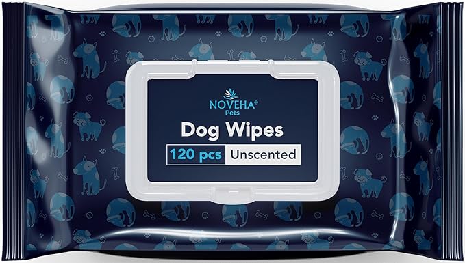 NOVEHA 120 Dog Wipes - Odor Eliminating and Cleaning Grooming Wipes for Dog's Paws, Body, and Butt - Perfect for Puppy and Adult Dogs - Plant-Based, Safe, Convenient & Large Unscented Wipes