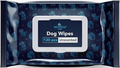 NOVEHA 120 Dog Wipes - Odor Eliminating and Cleaning Grooming Wipes for Dog's Paws, Body, and Butt - Perfect for Puppy and Adult Dogs - Plant-Based, Safe, Convenient & Large Unscented Wipes