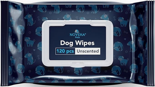 NOVEHA 120 Dog Wipes - Odor Eliminating and Cleaning Grooming Wipes for Dog's Paws, Body, and Butt - Perfect for Puppy and Adult Dogs - Plant-Based, Safe, Convenient & Large Unscented Wipes