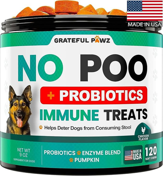 Grateful Pawz No Poo Chews for Dogs - Coprophagia Stool Eating Deterrent for Dogs -120 Chews Prevent Dog from Eating Poop - Stop Eating Poop for Dogs Supplement