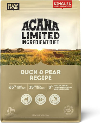 ACANA Singles Limited Ingredient Dry Dog Food, Duck & Pear Recipe, Single Protein Source Dog Food Kibble, 4.5lb