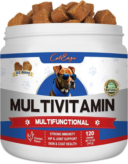 Multivitamin Dog Supplement with Glucosamine, Probiotics, Fish Oil - Promotes Healthy Skin and Coat, Supports Joint Health, Allergy Relief and Digestive Function (Chicken Flavor 120 ct)
