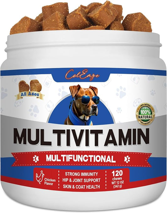 Multivitamin Dog Supplement with Glucosamine, Probiotics, Fish Oil - Promotes Healthy Skin and Coat, Supports Joint Health, Allergy Relief and Digestive Function (Chicken Flavor 120 ct)