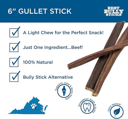 Best Bully Sticks 6 Inch Gullet Thin Stick Dog Treats (25 Pack) - All-Natural Beef Dog Treats - Hollow, Quick Chew Snack for all Dogs - Great for Teething Puppies, Senior Dogs, Light Chewers
