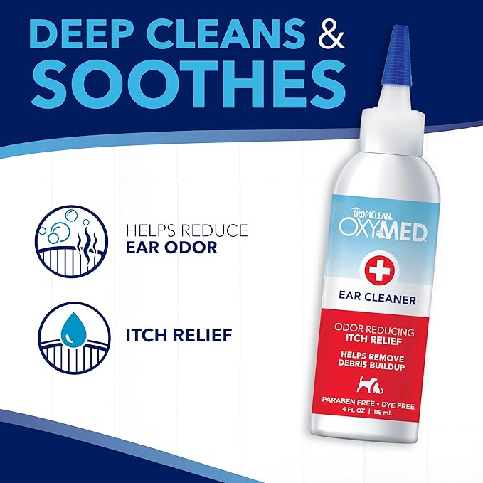 TropiClean Oxymed Cat & Dog Ear Cleaner Solution - Preventative Ear Infection Treatment For Dogs & Cats 4 Ounce