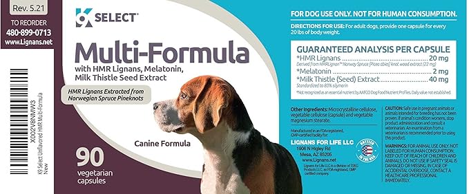 Multi-Formula Dog Supplement for Medium Dogs - 20mg HMR Lignans, 2mg Melatonin, 40mg Milk Thistle - Helps Heart, Liver, Digestion, Skin & Coat Health, Multivitamin for Dogs, 90 Capsules