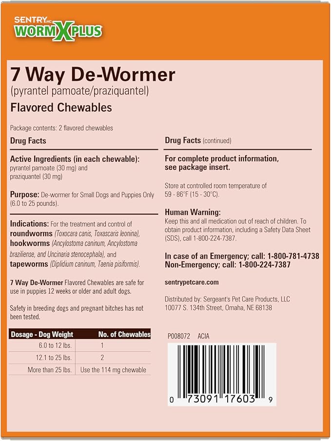 HC WORM X PLUS 7 Way De-Wormer (pyrantel pamoate/praziquantel), for Puppies and Small Dogs, 6-25 lbs, Chewable, 2 Count