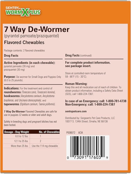 HC WORM X PLUS 7 Way De-Wormer (pyrantel pamoate/praziquantel), for Puppies and Small Dogs, 6-25 lbs, Chewable, 2 Count