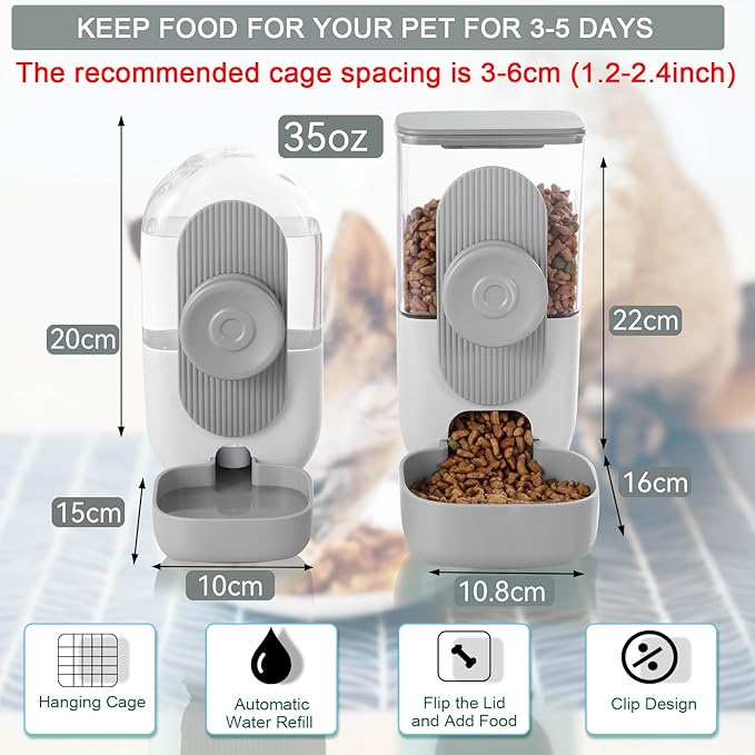 Hanging Automatic Rabbit Feeder for Cage,Dog Cat Food and Water Dispenser,Ferret Food Dispenser,Rabbit Water Bottle Guinea Pig Food Bowl Set,Gravity Feeder for Cats Dogs (Gray)