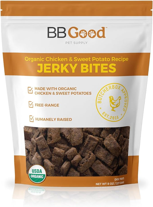 Dog Treats from ButcherBox - Organic Chicken and Sweet Potato Jerky Bites for Small and Large Dogs, Grain Free, Made and Sourced in The USA, 8 oz Bag (1 Count)