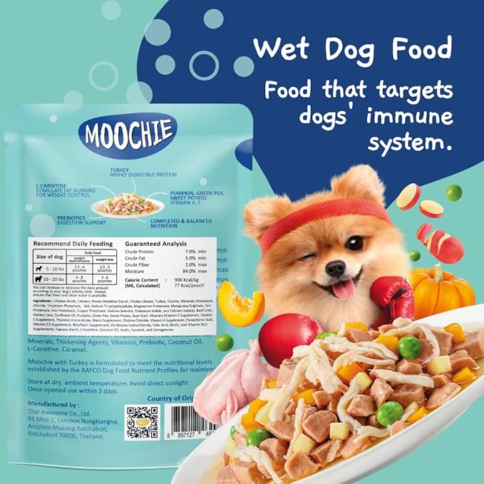 MOOCHIE Grain Free Wet Dog Food for Small Breed - Weight Control - Turkey with Sweet Potato, Pumpkin and Green Pea - No Added Preservatives or Artificial Flavoring - 3 oz x 12 Pouches