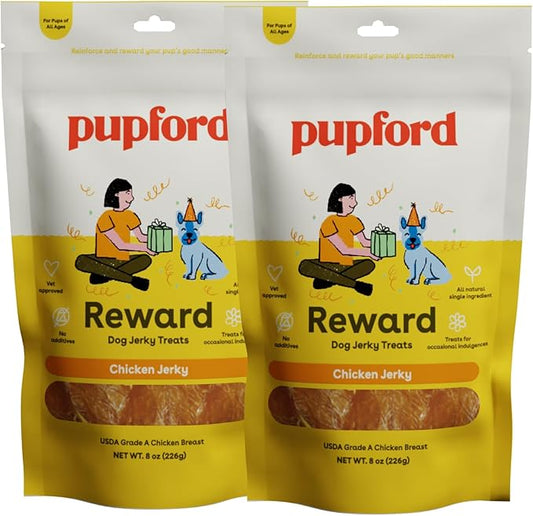 Pupford Chicken Jerky Treats for Dogs for Large & Small Dogs of All Ages | Made in USA, 100% Real Meat & No Fillers | Dogs Love These Tasty Dog Snacks (Chicken Bundle, 2 Chicken Jerky 8oz Bags)
