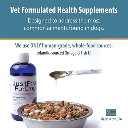 JustFoodForDogs Omega Plus Premium Fish Oil for Dogs Omega 3 Supplement, Liquid, 8 oz