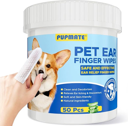 Ear Finger Wipes for Dogs & Cats - Cleaning Earwax & Debris - Relieves Ear Itching & Discomfort - Fresh Aloe Scent - Sooths & Repair, Natural Ingredients-50 Count