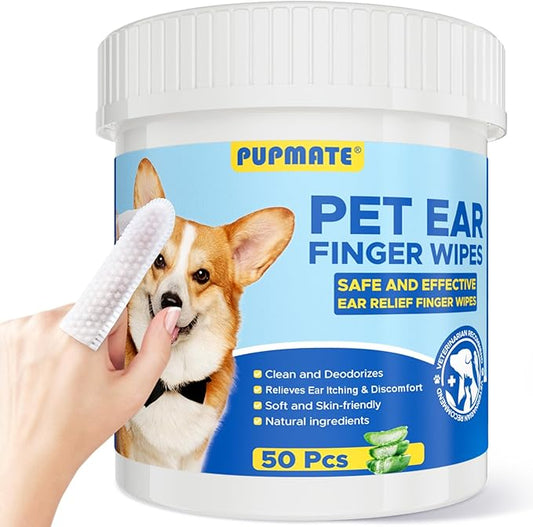 Ear Finger Wipes for Dogs & Cats - Cleaning Earwax & Debris - Relieves Ear Itching & Discomfort - Fresh Aloe Scent - Sooths & Repair, Natural Ingredients-50 Count