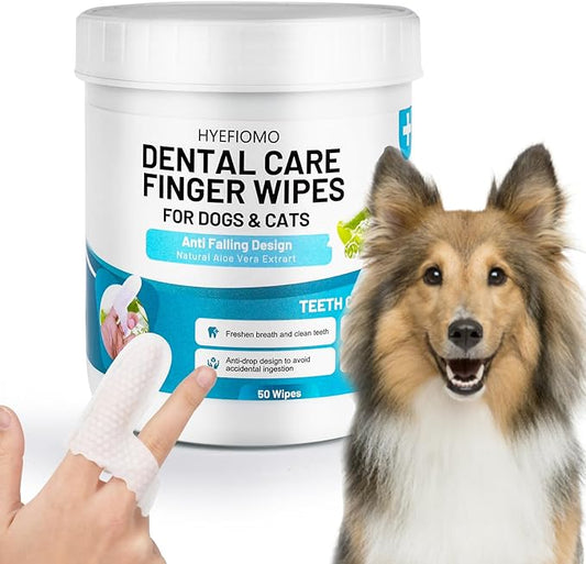 Dog & Cat Teeth Cleaning Finger Wipes - Non-Slip Design Dental Care Wipes - Reduce Plaque & Tartar and Freshen Breath - Double-Sided Durable Material (50 Pcs)