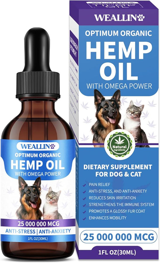 Hemp Oil for Dogs and Cats, rich in Omega 3, 6, 9 and Organic Extract Helps Pets with Anxiety, Pain, Skin and Coat Health, Stress, Hip and Joint Support, Pet's Calming Treat (1 Pack)