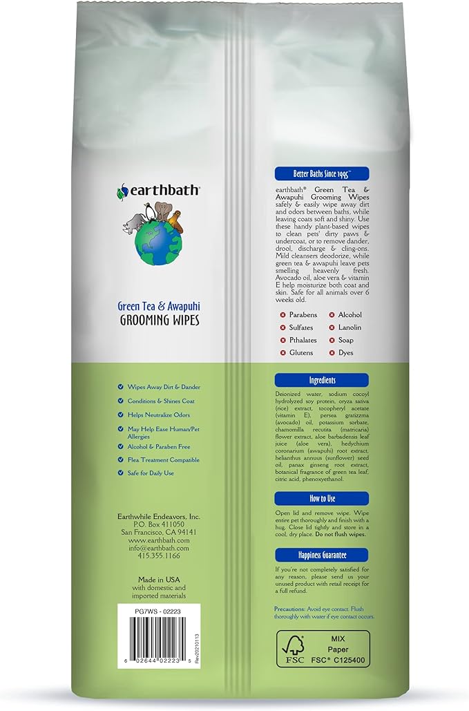 earthbath, Green Tea & Awapuhi Grooming Wipes - Dog Wipes for Paws and Butt, Best Pet Wipes for Dogs & Cats, Made in USA, Cruelty-Free Dog Cleaning Wipes, Removes Dirt & Dander - 100 Count (1 Pack)