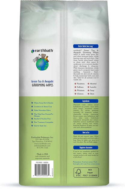 earthbath, Green Tea & Awapuhi Grooming Wipes - Dog Wipes for Paws and Butt, Best Pet Wipes for Dogs & Cats, Made in USA, Cruelty-Free Dog Cleaning Wipes, Removes Dirt & Dander - 100 Count (1 Pack)