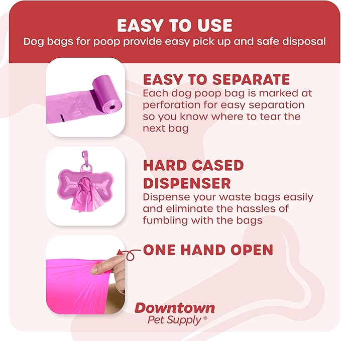 Downtown Pet Supply 220 Count Dog Poop Bags Refills with Leash Clip and Bone Bag Dispenser, Pink - Dog Waste Bags Unscented and Leak-Proof with Dog Poop Bag Dispenser - 12.5 x 8.5"