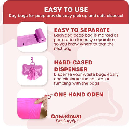 Downtown Pet Supply 220 Count Dog Poop Bags Refills with Leash Clip and Bone Bag Dispenser, Pink - Dog Waste Bags Unscented and Leak-Proof with Dog Poop Bag Dispenser - 12.5 x 8.5"