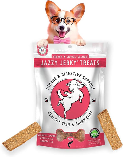 Canine Wellness Jazzy Jerky Treats Splash-A-Licious Salmon with Prebiotics for Gut & Immune Health, Omega 3s & 6s for Skin & Coat Health, Made in The USA, Small-Large Dogs, 5 oz