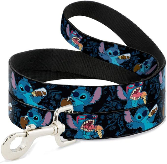 Buckle-Down Pet Leash - Stitch Snacking Poses Black/Blue - 6 Feet Long - 1" Wide