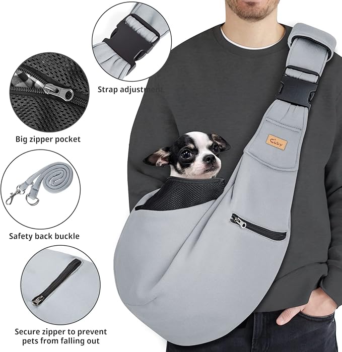 CUBY Dog and Cat Sling Carrier - Hands Free Reversible Pet Papoose Bag - Soft Pouch and Tote Design - Suitable for Puppy, Small Dogs Cats Outdoor (Grey Senior, Adjust Strap 2.0)