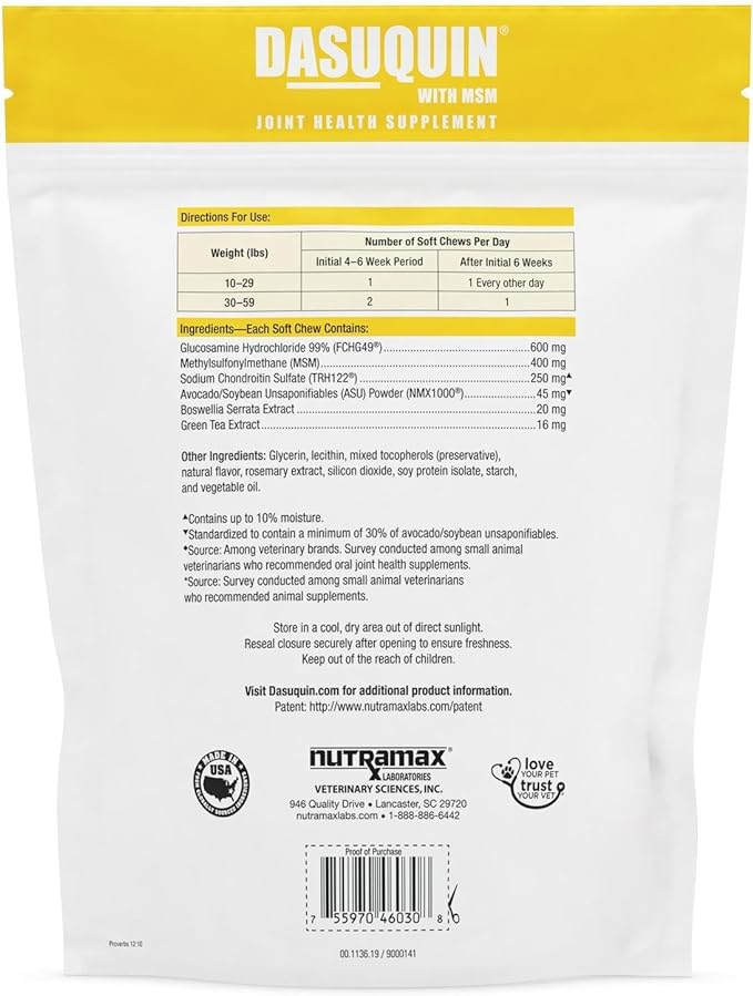 Nutramax Laboratories Dasuquin with MSM Joint Health Supplement for Small to Medium Dogs - With Glucosamine, MSM, Chondroitin, ASU, Boswellia Serrata Extract, and Green Tea Extract, 84 Soft Chews